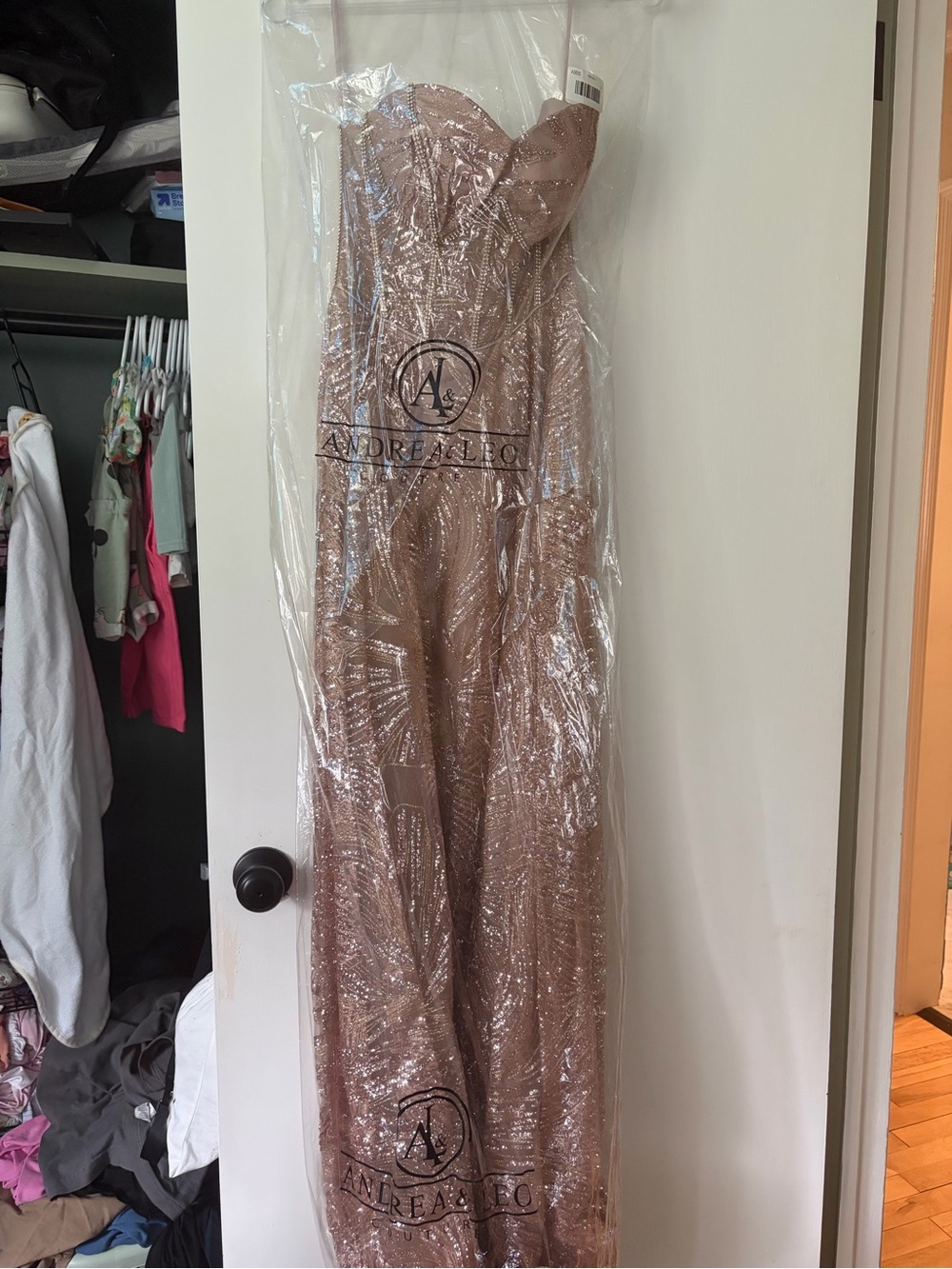 Andrea & Leo Rose Gold Sequin Strapless Maxi Dress